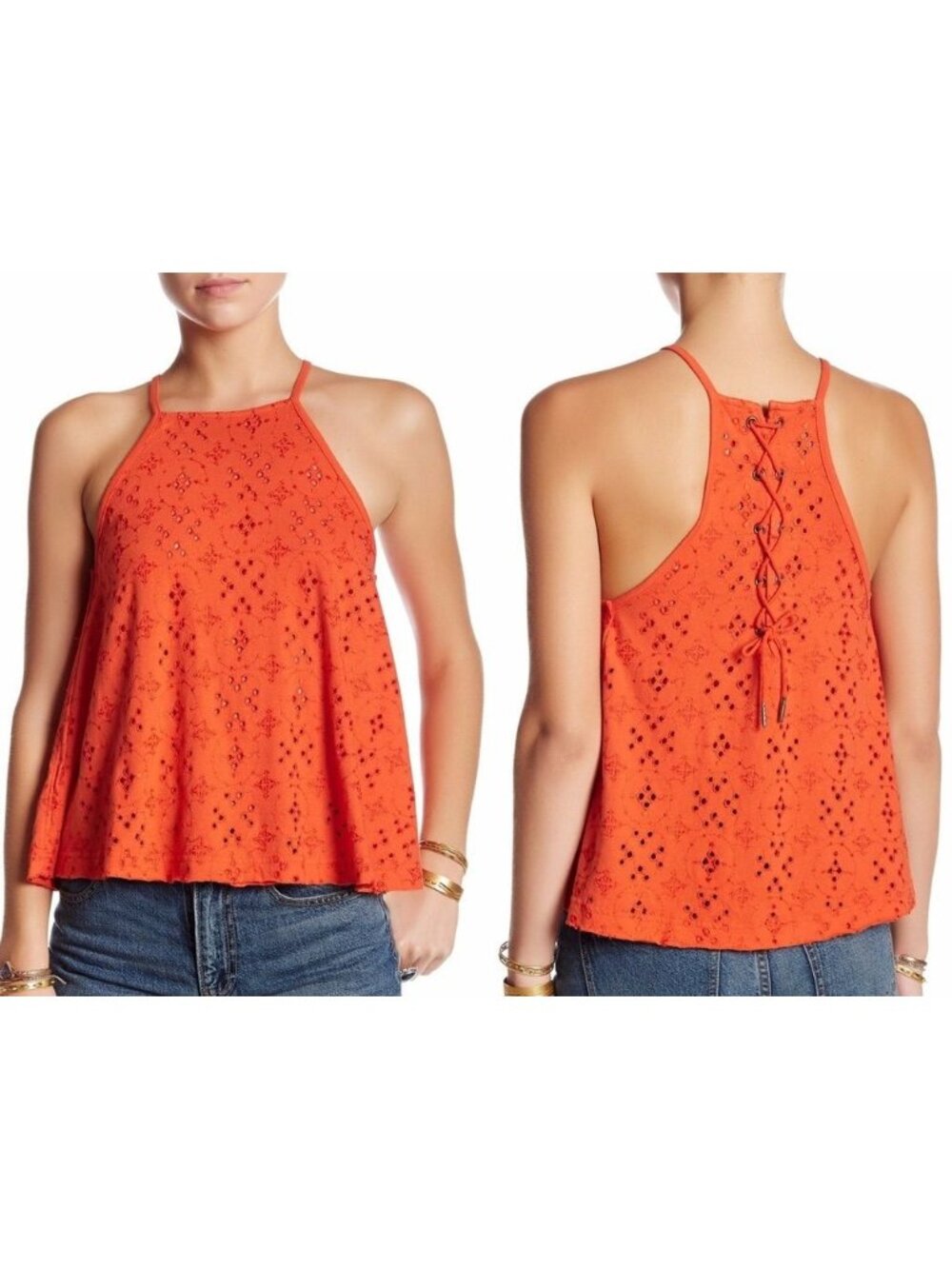 Free People large orange dream date tank top high neck eyelet lace up boho